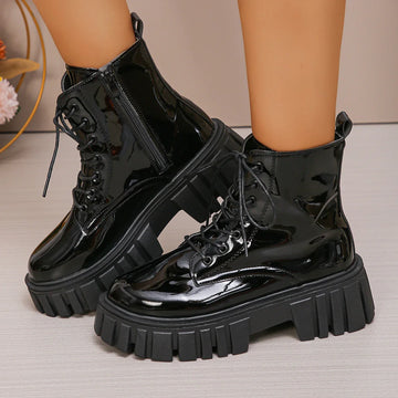 Xajzpa  Chunky Platform Combat Boots for Women Fashion Black Patent Leather Ankle Boots Woman Thick Sole Non Slip Motorcycle Botas Mujer
